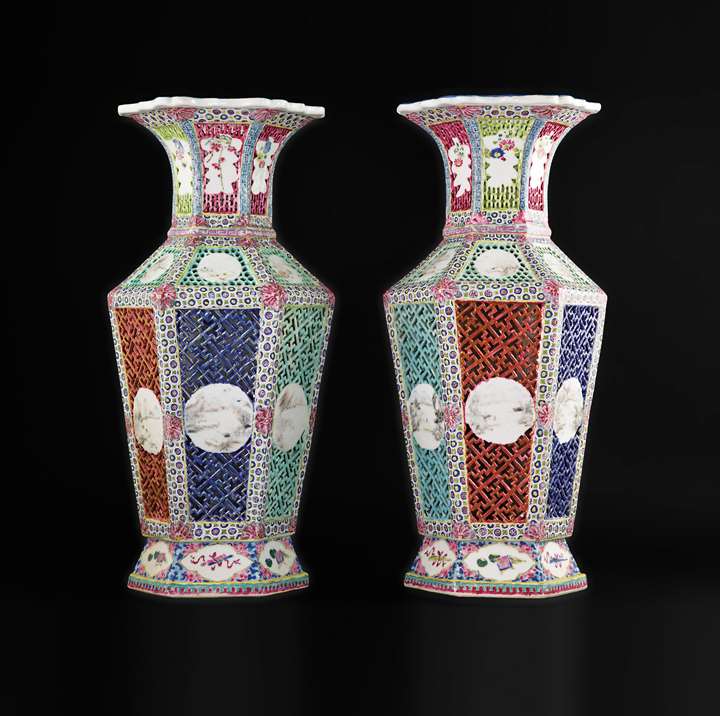 Pair of chinese porcelain reticulated famille rose vases